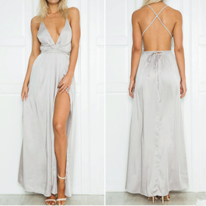 Color: Gray, Size: USA M - USA SIZE Sexy Deep V-neck Halter Beach Dress Solid Color Bandage Long Dr Q119-CJNSSYLY00459-Gray-USA M