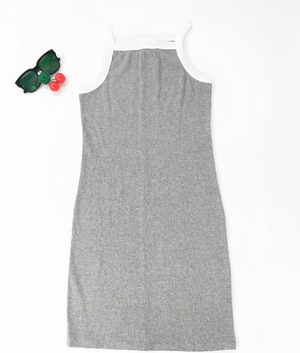 Color: Gray, Size: L - Sexy Contrast Bag Hip Skirt Sleeve Knit Dress Q119-CJNSSYLY01097-Gray-L