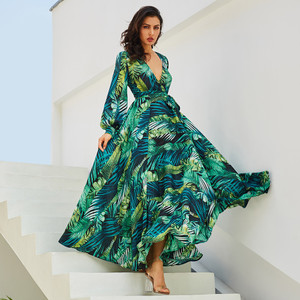 Color: green, size: S - 2021 Summer Amazon New Lantern Sleeve V-neck Green Leaf Print Sk Q119-CJNSSYLY01822-green-S