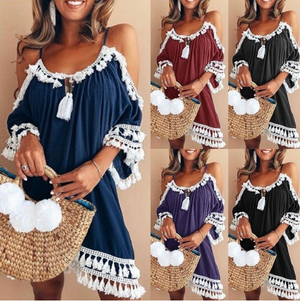Color: Blue, Size: S - Summer explosions hanging neck tassels net color strapless dress short skirt Q119-CJNSSYLY00650-Blue-S