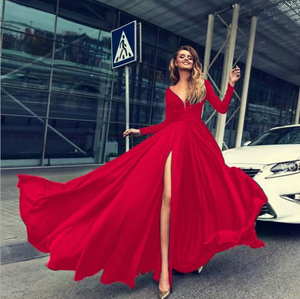 New solid color high slit big swing dress sexy deep V long sleeve dress Q119-CJNSSYLY01631