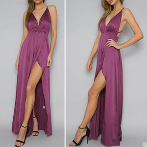 Color: Purple, Size: USA L - USA SIZE Sexy Deep V-neck Halter Beach Dress Solid Color Bandage Long  Q119-CJNSSYLY00459-Purple-USA L