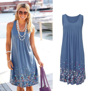 Color: Blue, Size: S - Sleeveless Floral Print Loose Summer Dress Fashion Casual Women Dress Q119-CJNSSYLY02066-Blue-S