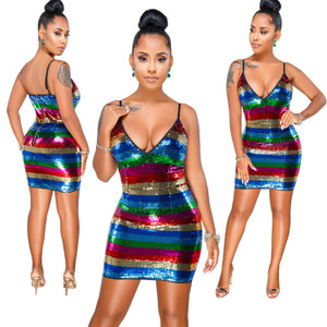 Striped Sequin Nightclub V-neck Sling Dress Q119-CJNSSYLY00786