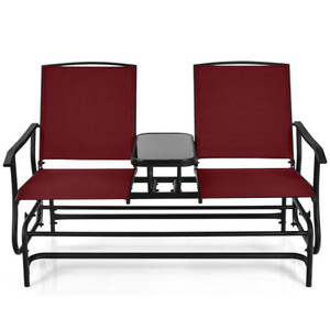 2-Person Double Rocking Loveseat with Mesh Fabric and Center Tempered Glass Table-Red - Color: Red D681-OP70357WN