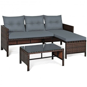 3 Pieces Patio Wicker Rattan Sofa Set-Gray - Color: Gray D681-HW63870GR