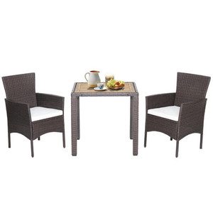 3 Pieces Patio Wicker Furniture Set wih Acacia Wood Table Top and Chair Cushiones - Color: Off White D681-HW70678