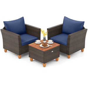 3 Pieces Patio PE Wicker Furniture Set with Cushions and Acacia Wood Storage Coffee Table-Navy - Co D681-HW71637NY