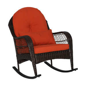 Patio Rattan Rocking Chair with Seat Back Cushions and Waist Pillow-Red - Color: Orange D681-HW70822RE