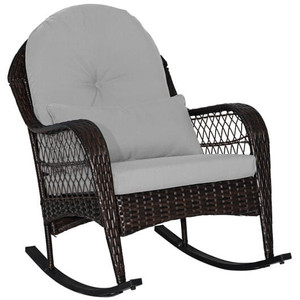 Patio Rattan Rocking Chair with Seat Back Cushions and Waist Pillow-Gray - Color: Gray D681-HW70822GR