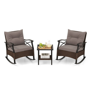 3 Pieces Outdoor Rattan Rocking Chairs Set with  2-Tier Side Table for Garden Backyard-Brown - Colo D681-NP11577BN
