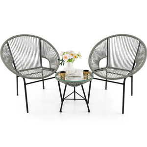 3 Pieces Patio Acapulco Furniture Bistro Set with Glass Table-Gray - Color: Gray D681-HW66981GR