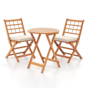 3 Pieces Acacia Wood Patio Bistro Set with Cushions-White - Color: White D681-HW72586WH