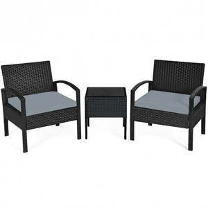 3 Pieces Outdoor Rattan Patio Conversation Set with Seat Cushions-Gray - Color: Gray D681-HW63218GR