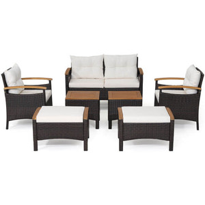 7 Piece Rattan Patio Sofa Set with Acacia Wood Tabletop and Armrests - Color: Off White D681-HW70450+