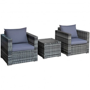 3 Pcs Patio Rattan Furniture Bistro Sofa Set with Cushioned-Gray - Color: Gray D681-HW66530GR+