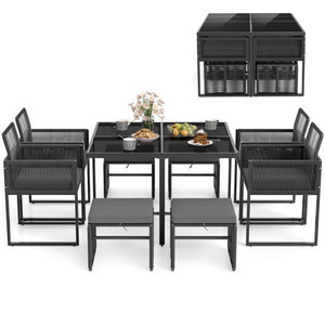9 Pieces Patio Dining Set with Cushions for Yard Garden-Gray - Color: Gray D681-HW73583GR+