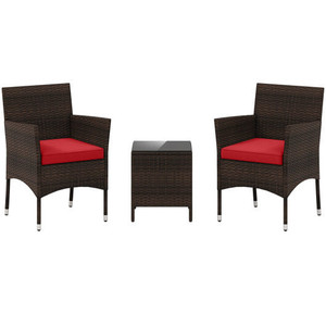 3 Pieces Outdoor Conversation Set with Cushioned Seat and Glass Tabletop-Red - Color: Red D681-HW72792RE
