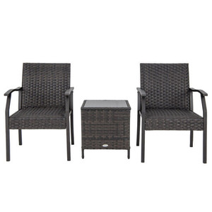 3 Piece Patio Wicker Chair Set with Quick Dry Foam Cushions All Weather - Color: Brown D681-NP11280