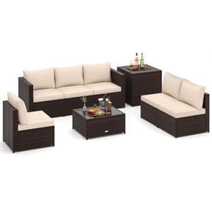 8 Piece Patio Furniture Set with Storage Box and Tempered Glass Coffee Table-Beige - Color: Beige D681-HW73657BN+