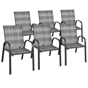 Set of 6 Outdoor PE Wicker Stackable Chairs with Sturdy Steel Frame-Gray - Color: Gray D681-NP10511GR-6