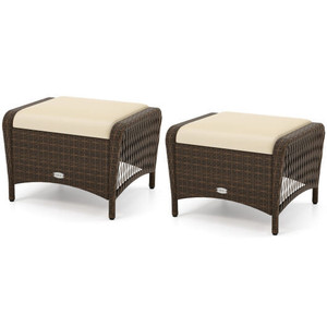 Set of 2 Outdoor Patio PE Wicker Ottomans with Removable Cushions-Beige - Color: Beige D681-HW72987BN