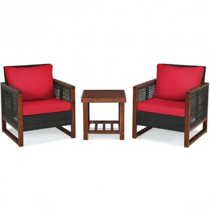 3 Pieces Acacia Wood Patio Furniture Set with Coffee Table-Red - Color: Red D681-HW65227RE