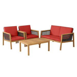 4 Pieces Patio Rattan Furniture Set with Removable Cushions-Red - Color: Red D681-HW69144RE+