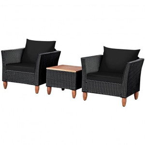 3 Pieces Outdoor Patio Rattan Furniture Set-Black - Color: Black D681-HW66532BK