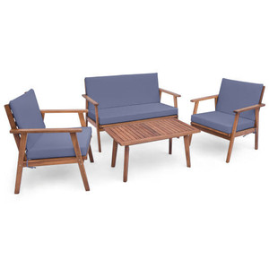 4 Piece Outdoor Acacia Wood Conversation Set with Soft Seat and Back Cushions-Gray - Color: Gray D681-HW71498GR+