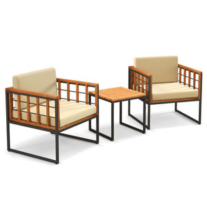 3 Pieces Patio Chair Set Acacia Wood Outdoor Sofa Set with Soft Cushions-Beige - Color: Beige D681-HW71662BN