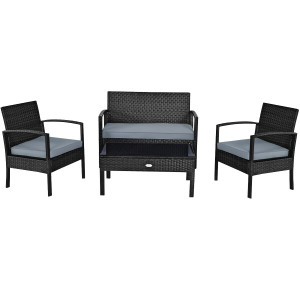 4 Pieces Patio Rattan Cushioned Furniture Set-Gray - Color: Gray D681-HW63756