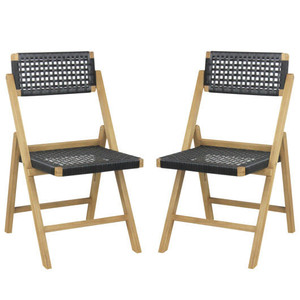 Set of 2 Folding Chairs Indonesia Teak Wood Dining Chairs with Woven Rope Seat and Back - Color: Na D681-JV11368