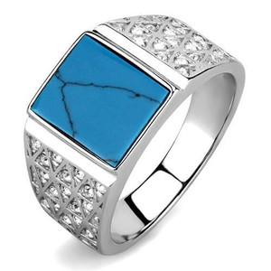 TK3004 - High polished (no plating) Stainless Steel Ring with Synthetic Turquoise in Sea Blue A874-TK3004