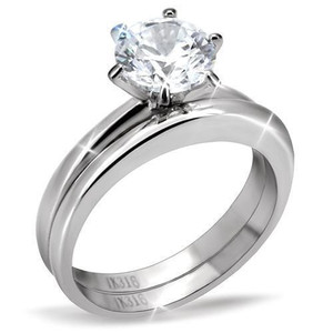 TK097 - High polished (no plating) Stainless Steel Ring with AAA Grade CZ  in Clear A874-TK097