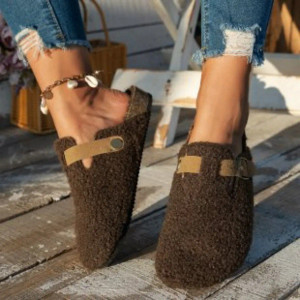 Color: Brown, Shoe Size: 37 - Women Slippers Mules Fur Women Shoes Winter New Buckle Flats Platform F640-12000038687805815