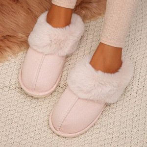 Color: Beige, Shoe Size: 36 - Closed Toe Warm Cotton Slippers Women Faux Fur Thicken Plush Winter H F640-12000036942235661