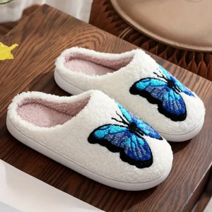 Color: Blue, Shoe Size: 44-45 - Lucyever Butterfly Embroidery Plush Woman Slippers Non Slip Soft Ho F640-12000041176626895