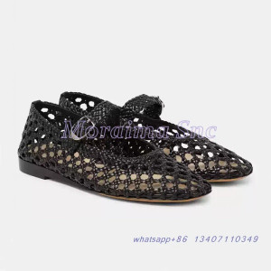 Color: Brown, Shoe Size: 40 - Hollow Woven Leather Ballet Shoes Flat With Round Toe Ankle Buckle St F640-12000044408765524