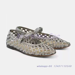 Color: Silver, Shoe Size: 36 - Hollow Woven Leather Ballet Shoes Flat With Round Toe Ankle Buckle S F640-12000044408765538