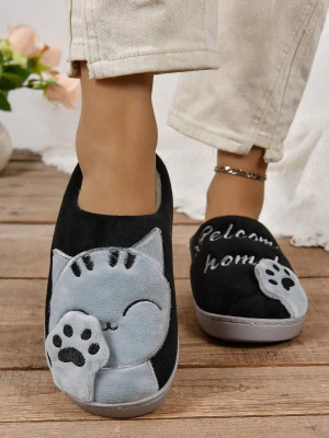 Color: Beige, Shoe Size: 38-39 - 2024 New Arrival Women's Cartoon Lucky Cat Couple Slippers With Fo F640-12000044252973657