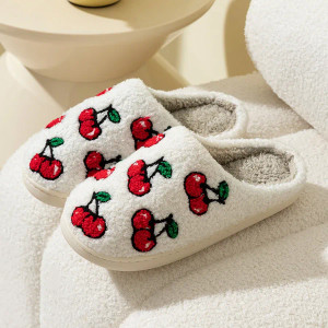 Color: Burgundy, Shoe Size: 3.5 - Cute Fruit Women Slippers Winter Indoor Warm Soft Sole Breathable F640-12000038854129975