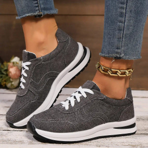 Color: black, Shoe Size: 36 - Blue Denim Platform Sneakers Women Fashion Thick Sole Lace Up Sports  F640-12000042318859237