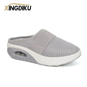 Color: GRAY, Shoe Size: 43 - Air Cushion Slip-On Women Walking Shoes Orthopedic Diabetic Ladies Pla F640-12000036665308760