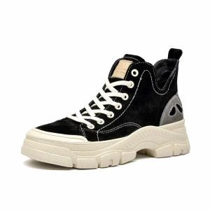 Color: black, Shoe Size: 9.5 - BeauToday Casual Sneakers Women Suede Leather Round Toe Lace-Free Hi F640-12000032601153210