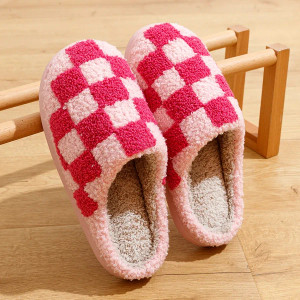 Color: Pink, Shoe Size: 4 - New Fuzzy Slippers Fashion Checker Indoor Embroidery Houseshoes Cozy Wo F640-12000035944199945