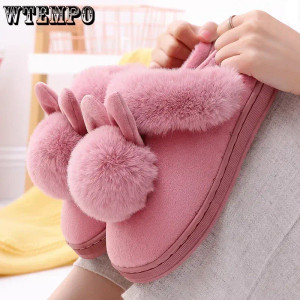 Color: GRAY, Shoe Size: 3.5 - WTEMPO Fluffy House Shoes Women Winter Warm Slippers Cute Rabbit Ears F640-12000035419622345