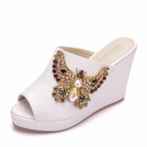 Color: Beige, Shoe Size: 41 - Crystal Queen 10cm Peep Toe Platform Wedges Slippers High Heels Beach F640-12000028612982155