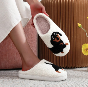 Color: WHITE, Shoe Size: 42 - Pet Pattern Dachshund Embroidered Plush Home Thick-Soled Comfortable  F640-12000039010522119