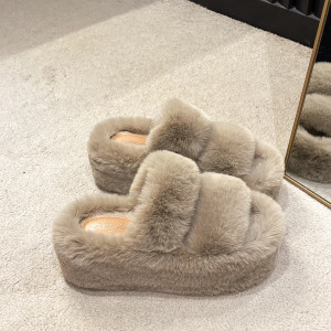 Color: Ivory, Shoe Size: 38 - New Winter Open Toe Slipper Fur Thick Sole Flats Heel Ladies Casual S F640-12000035794326410